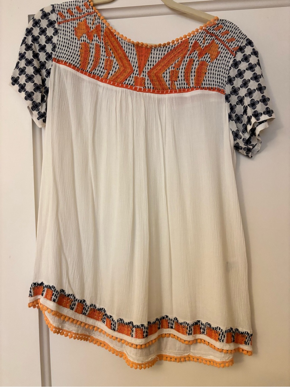 Chelsea & Violet Ivory Peasant Top with Orange & Navy Embroidery